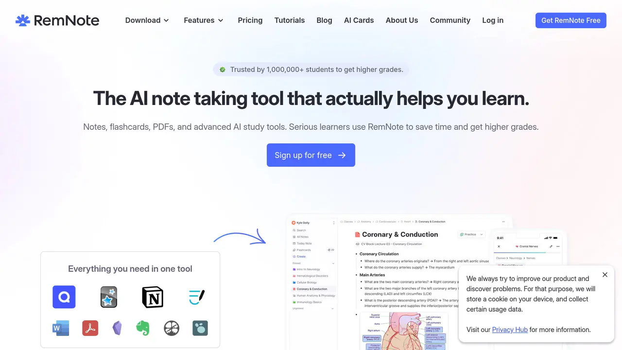 Homepage preview of RemNote, captured Jul 23, 2026