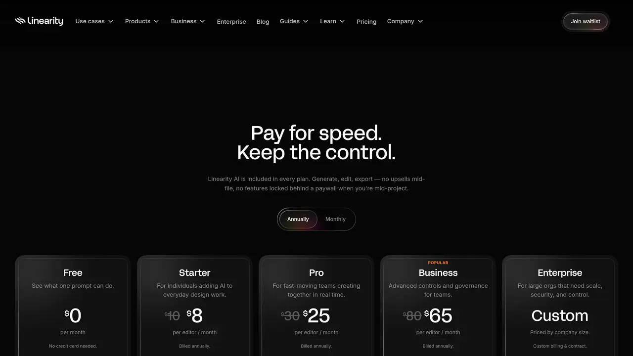 Pricing-page preview of Linearity, captured Sep 2, 2026