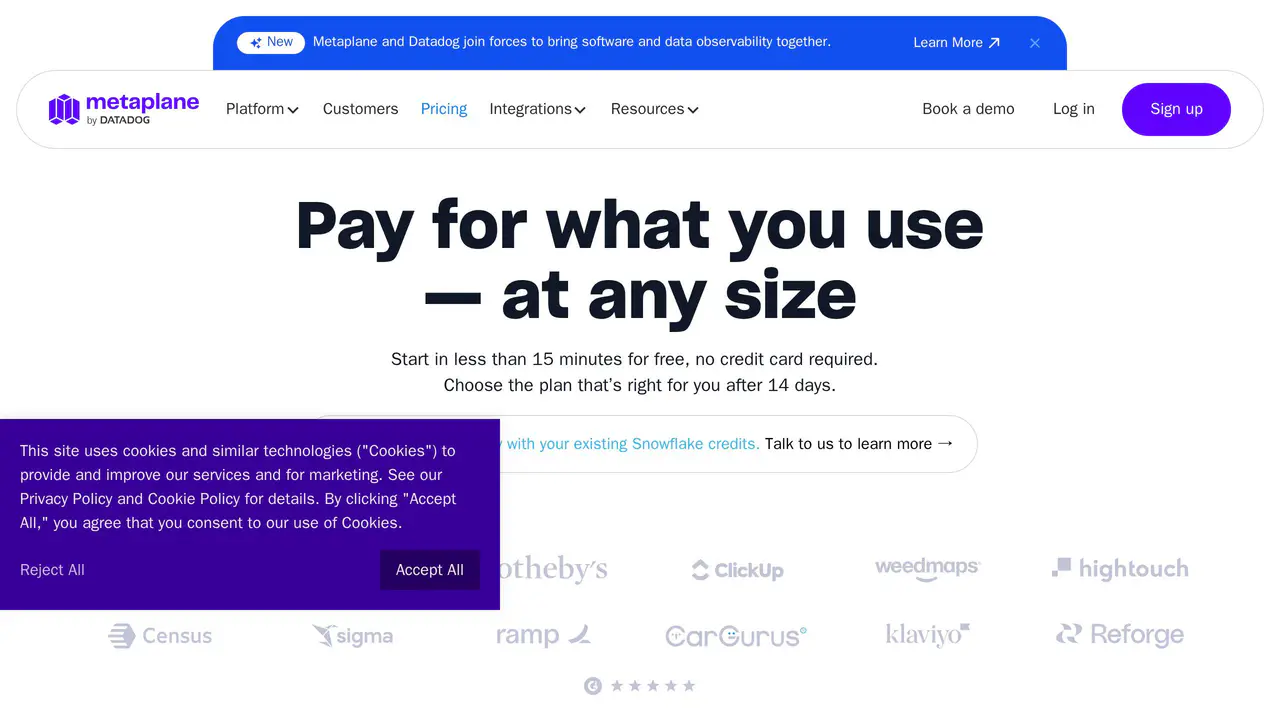 Pricing-page preview of Metaplane, captured Jul 23, 2026