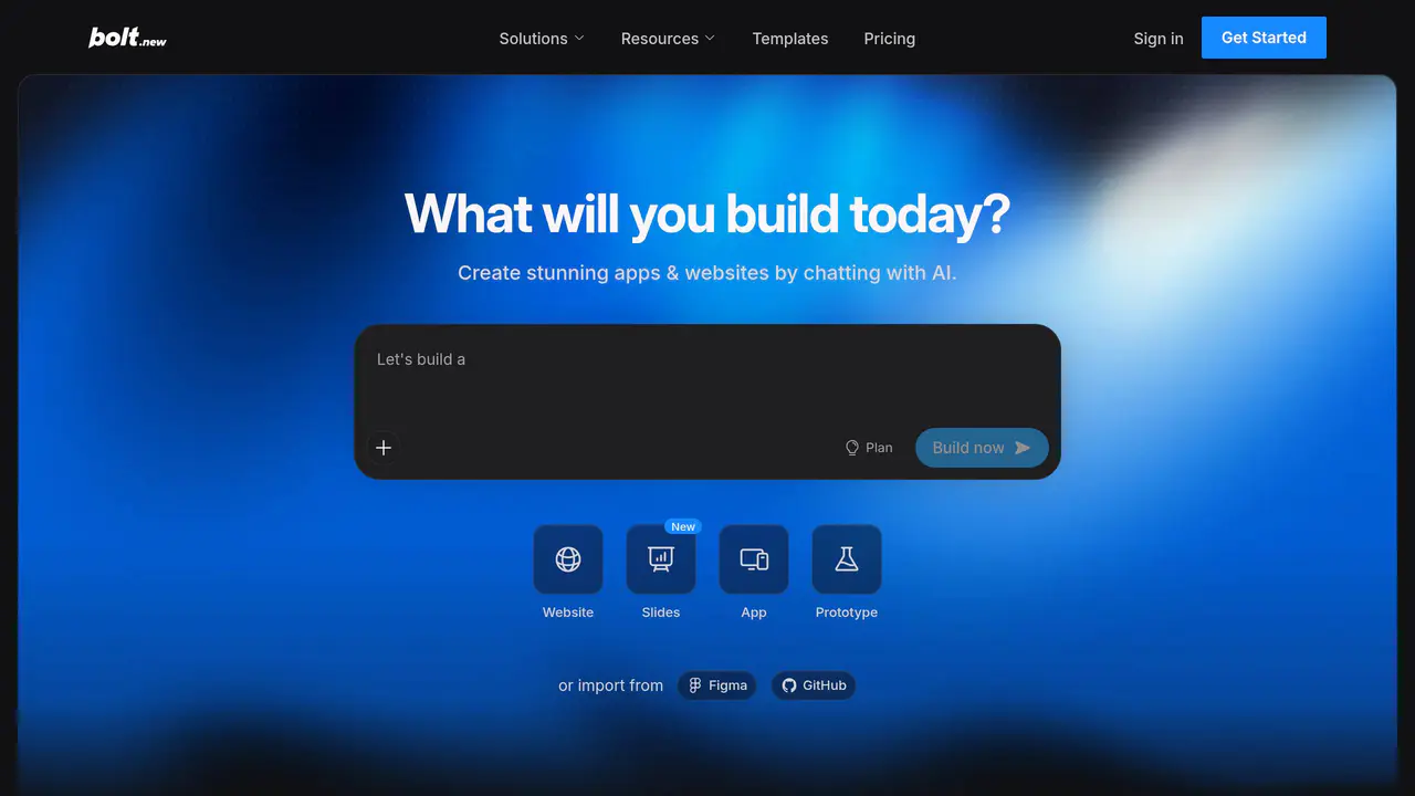 Homepage preview of Bolt.new, captured Aug 20, 2026