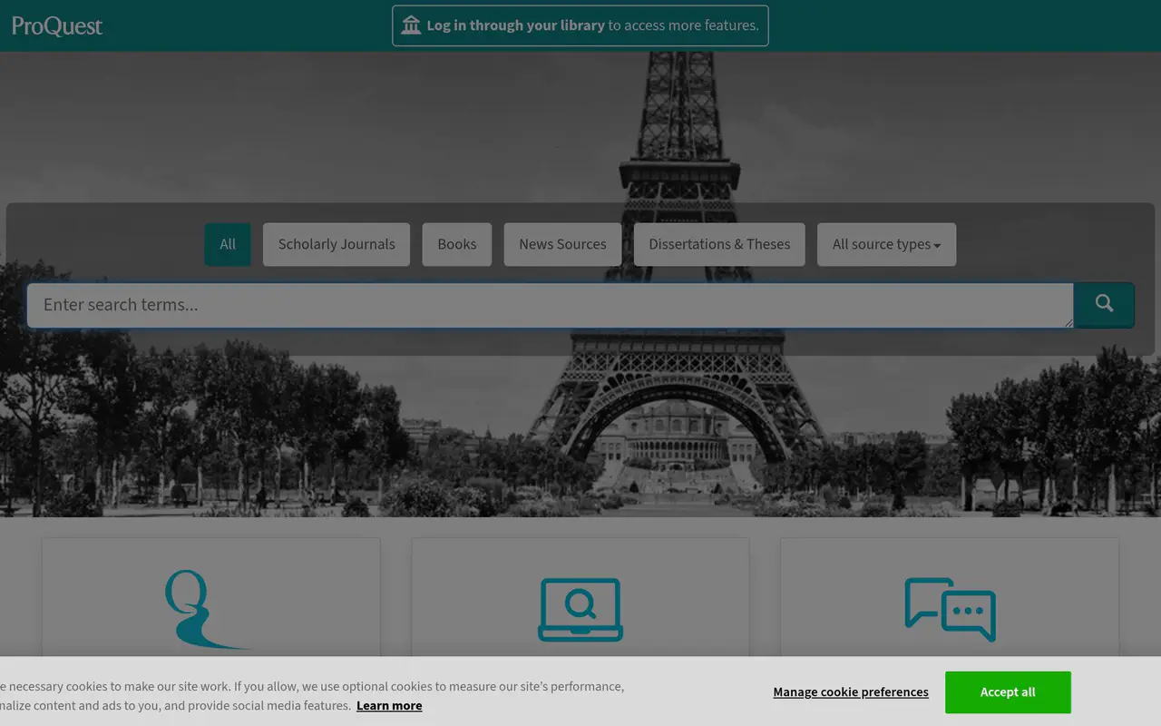Homepage preview of ProQuest, captured Jul 22, 2026