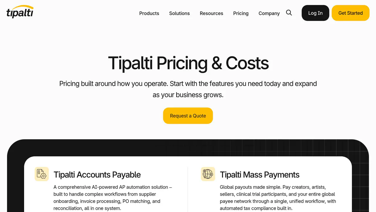 Pricing-page preview of Tipalti, captured Jul 23, 2026