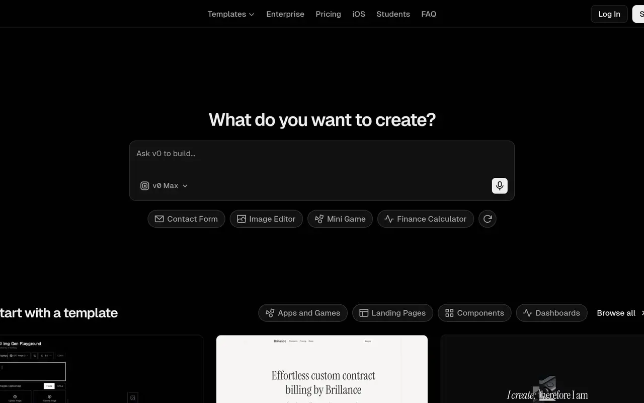 Homepage preview of v0, captured Jul 21, 2026