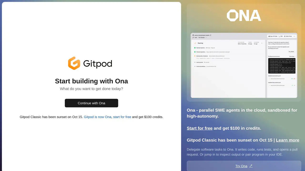 Homepage preview of Gitpod, captured Sep 22, 2026