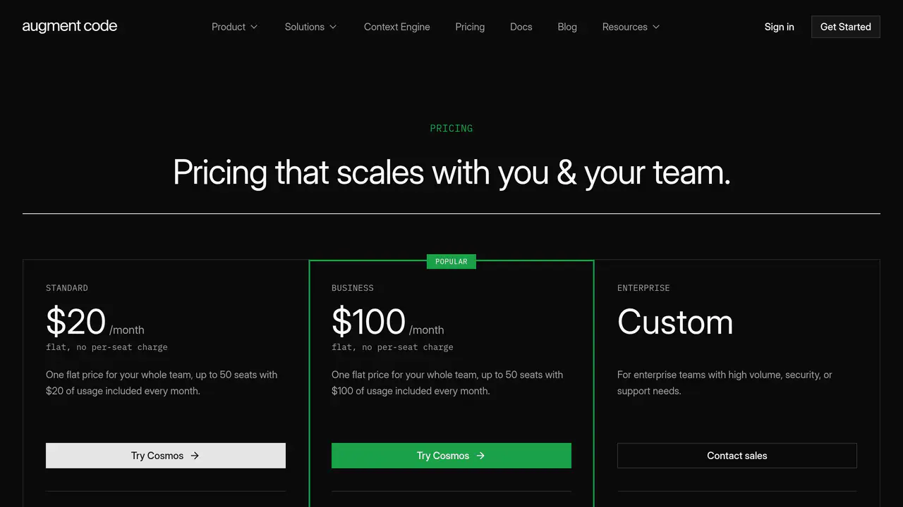 Pricing-page preview of Augment Code, captured Sep 3, 2026