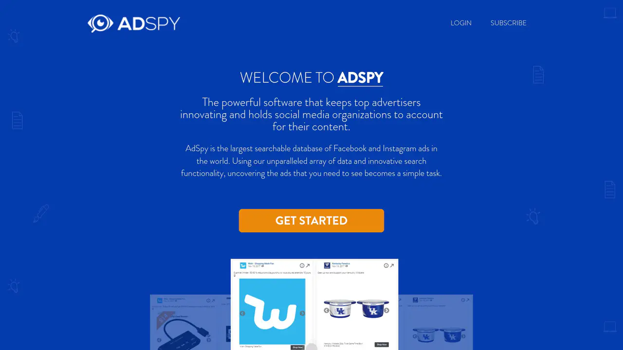 Homepage preview of AdSpy, captured Jul 29, 2026