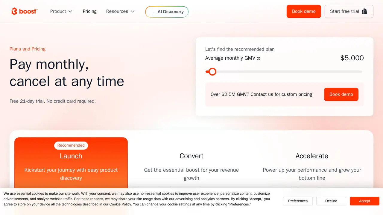 Pricing-page preview of Boost Commerce, captured Aug 17, 2026