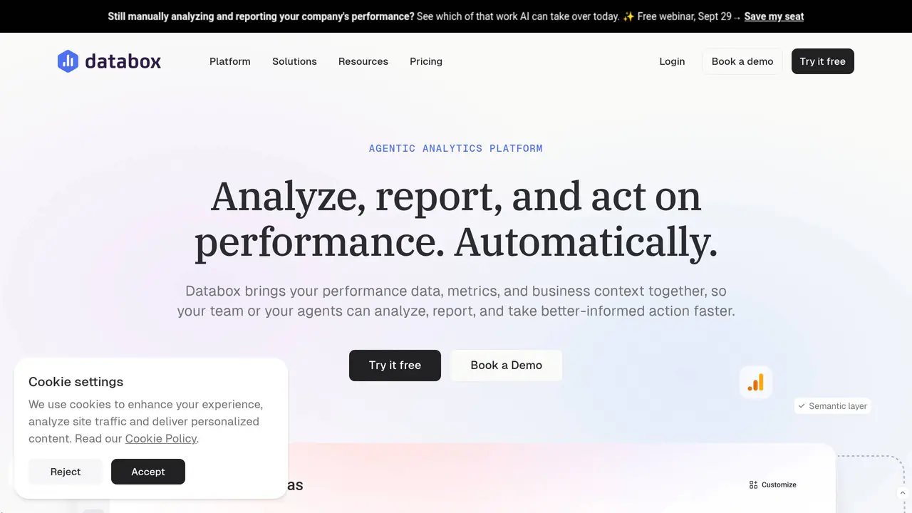 Homepage preview of Databox, captured Sep 29, 2026