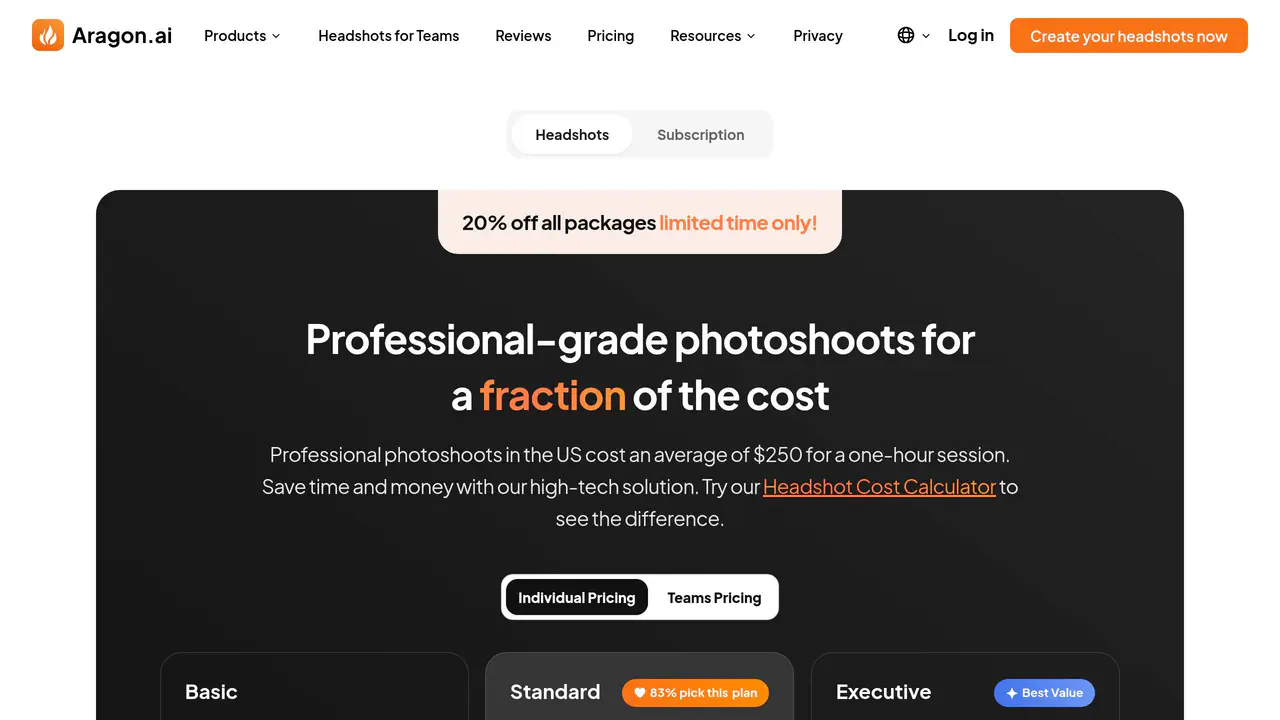 Pricing-page preview of Aragon AI, captured Aug 12, 2026