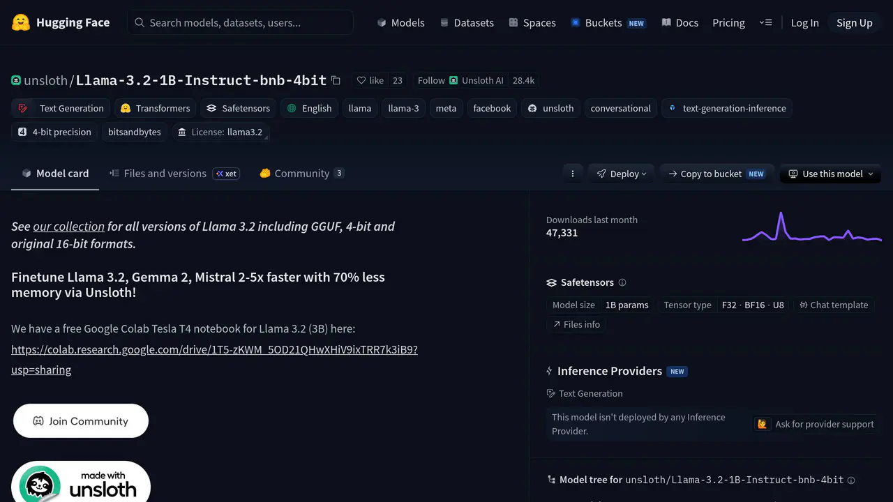 Homepage preview of Llama 3.2 1B Instruct Bnb 4bit, captured Jul 23, 2026