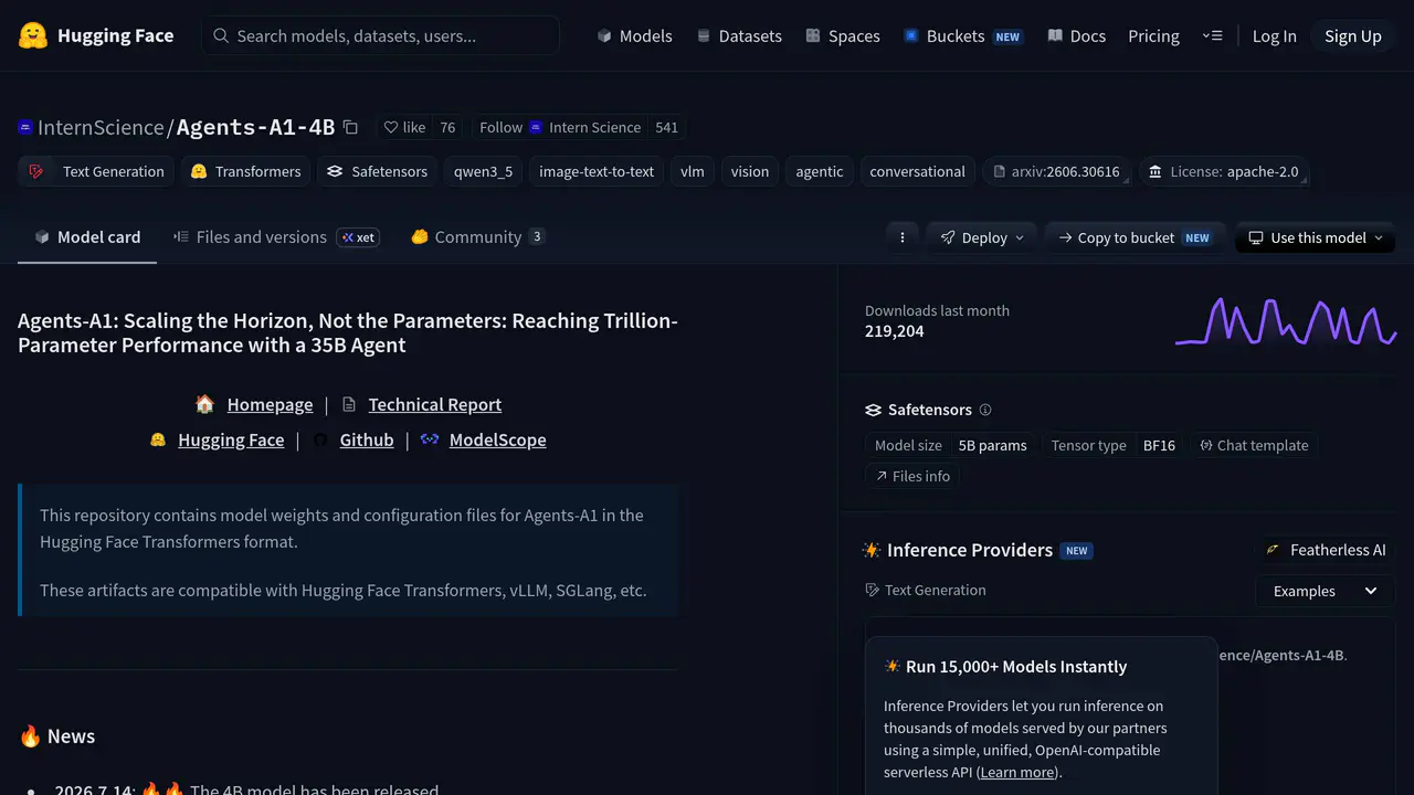 Homepage preview of Agents A1 4B, captured Aug 15, 2026