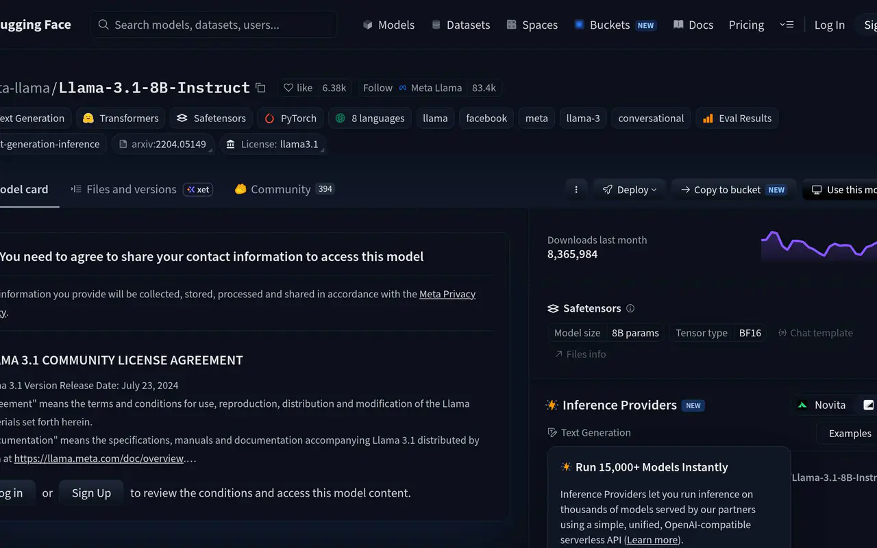 Homepage preview of Llama 3.1 8B Instruct, captured Jul 23, 2026