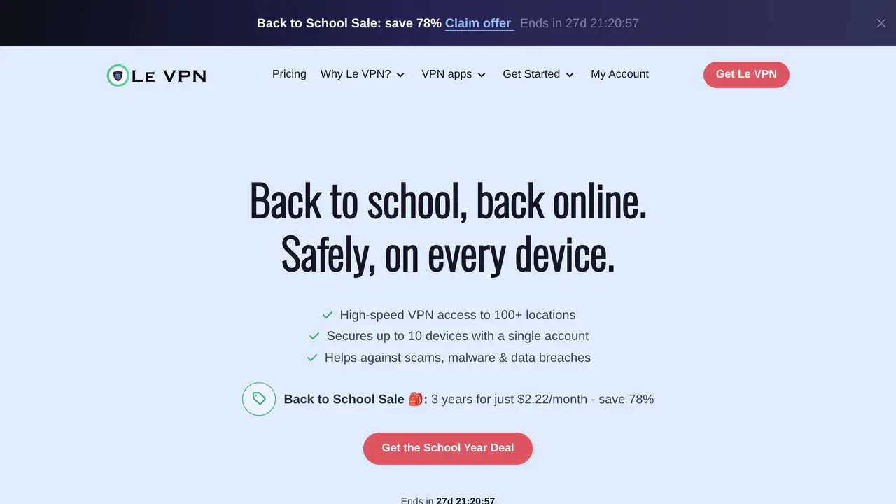 Homepage preview of Le VPN, captured Aug 24, 2026