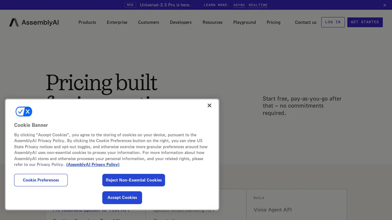 Pricing-page preview of AssemblyAI, captured Sep 11, 2026