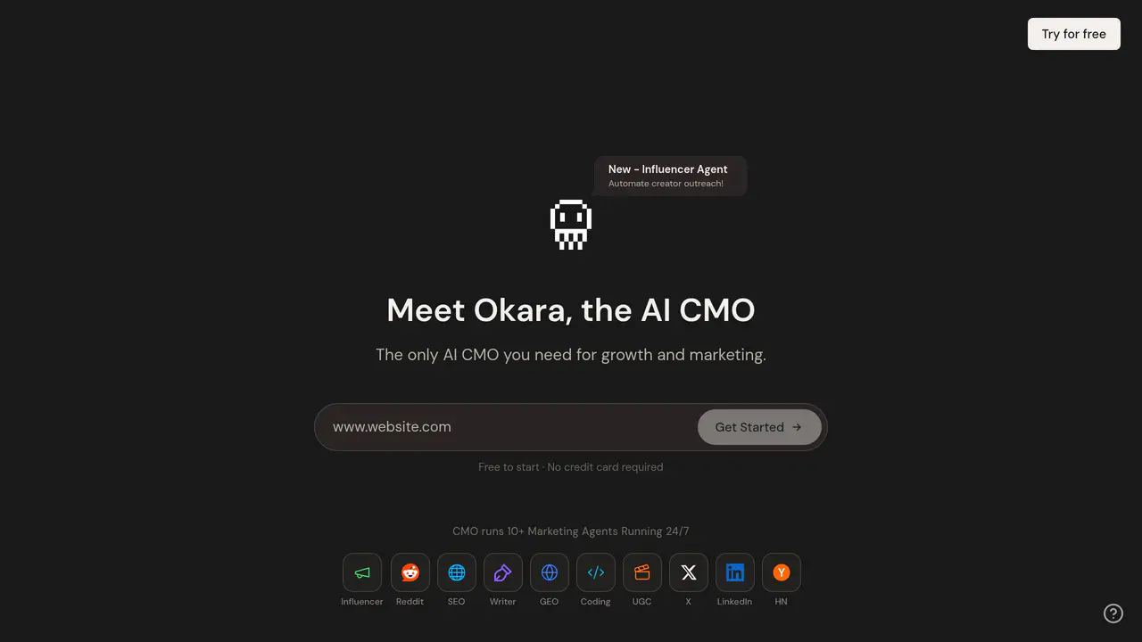 Homepage preview of Okara, captured Jul 23, 2026