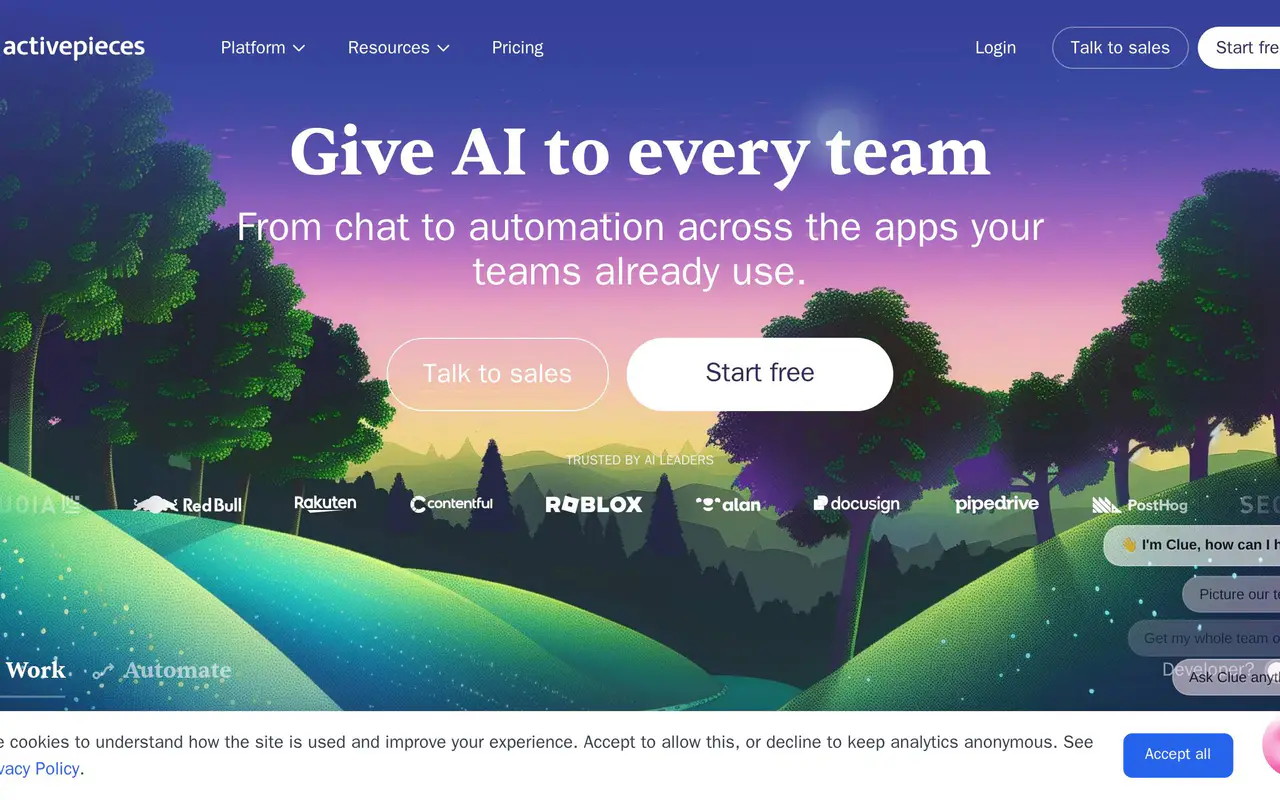 Homepage preview of Activepieces, captured Jul 21, 2026