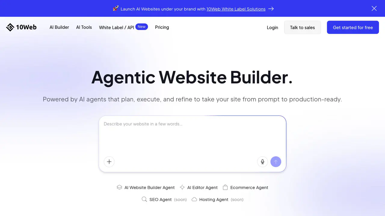 Homepage preview of 10Web AI Assistant, captured Sep 20, 2026