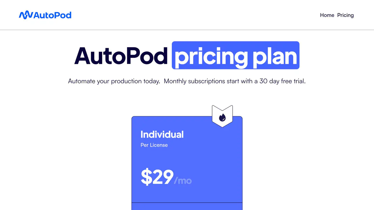 Pricing-page preview of AutoPod, captured Jul 23, 2026