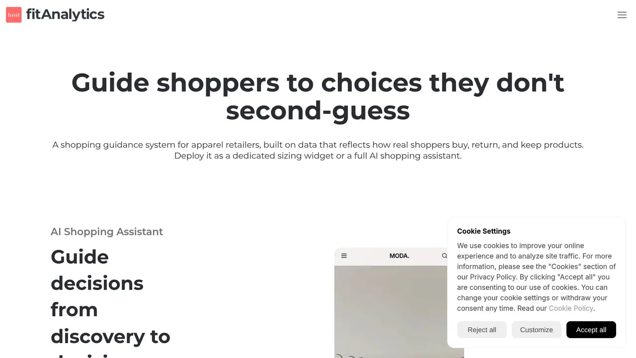Homepage preview of Fit Analytics, captured Jul 27, 2026