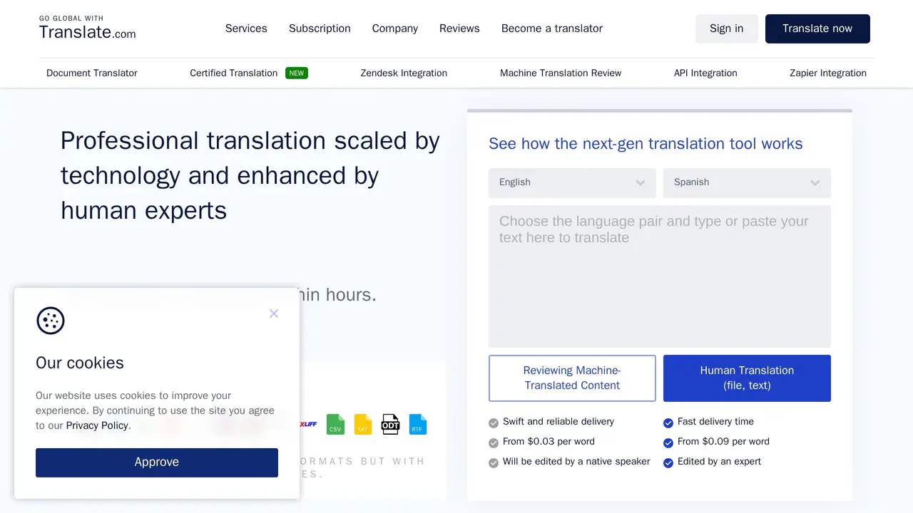 Homepage preview of Translate.com, captured Jul 24, 2026