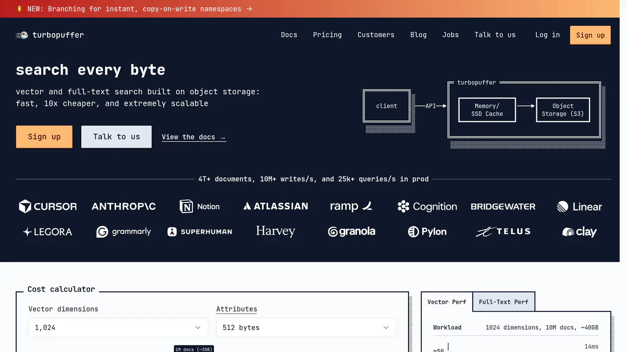 Homepage preview of Turbopuffer, captured Jul 24, 2026