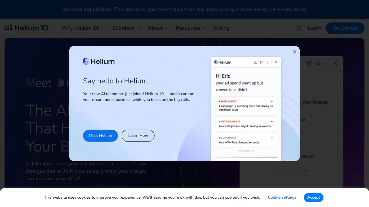 Homepage preview of Helium 10, captured Aug 29, 2026