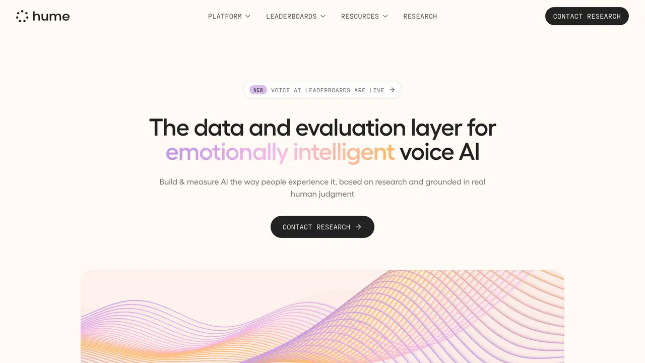 Homepage preview of Hume AI, captured Aug 7, 2026
