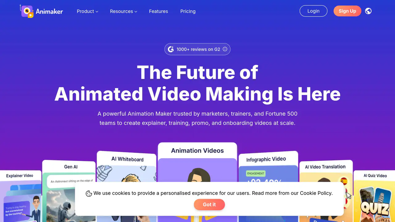Homepage preview of Animaker, captured Aug 30, 2026