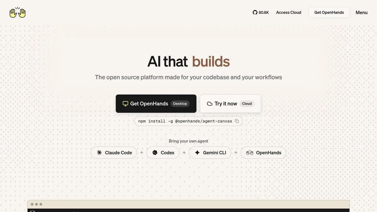 Homepage preview of OpenHands, captured Jul 27, 2026