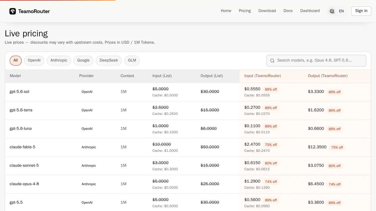 Pricing-page preview of TeamoRouter, captured Jul 23, 2026