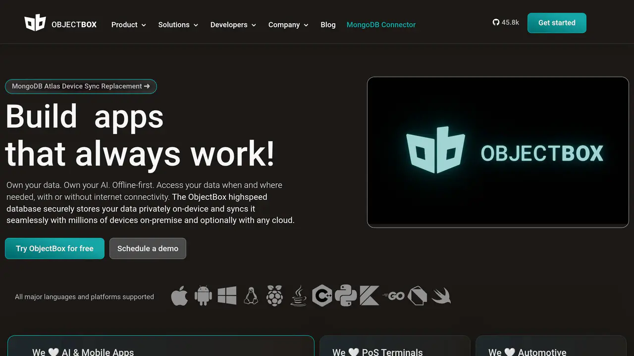Homepage preview of ObjectBox, captured Jul 30, 2026