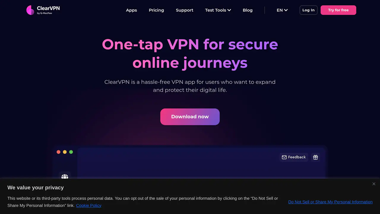 Homepage preview of ClearVPN, captured Jul 31, 2026