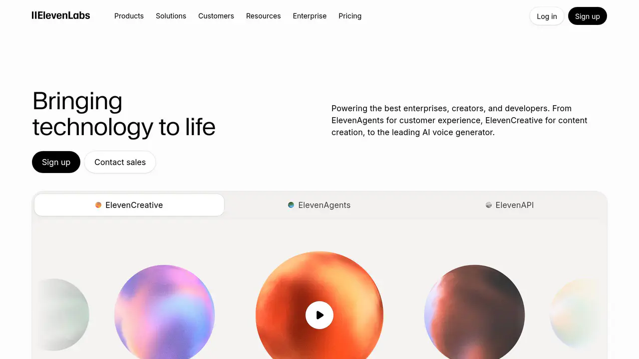 Homepage preview of ElevenLabs, captured Aug 6, 2026