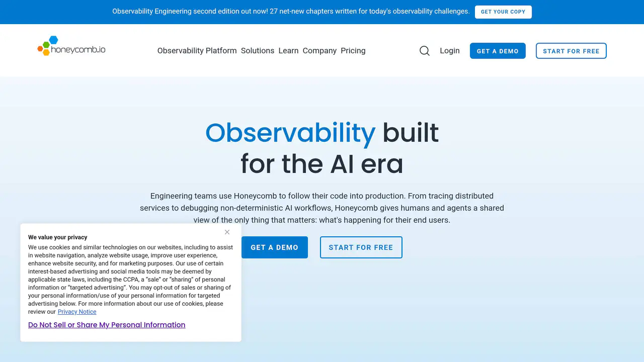 Homepage preview of Honeycomb, captured Aug 31, 2026