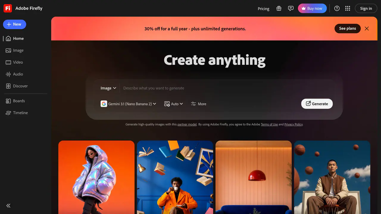 Homepage preview of Adobe Firefly, captured Aug 4, 2026