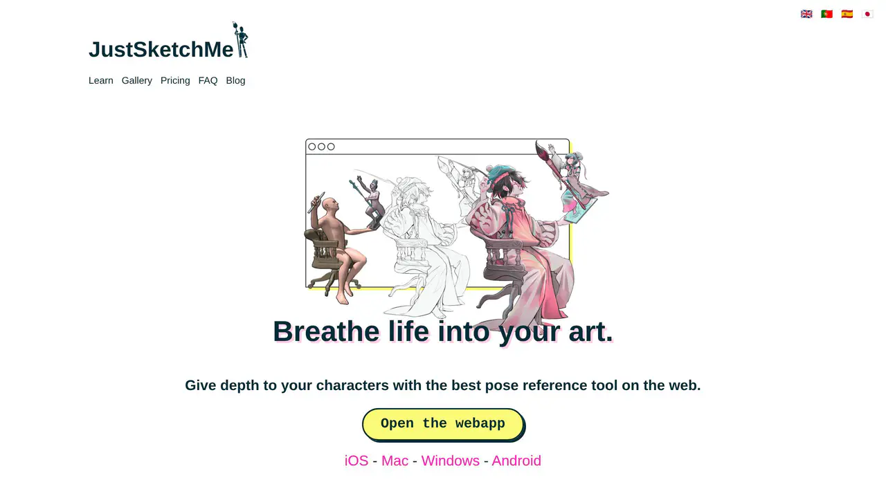 Homepage preview of JustSketchMe, captured Jul 30, 2026