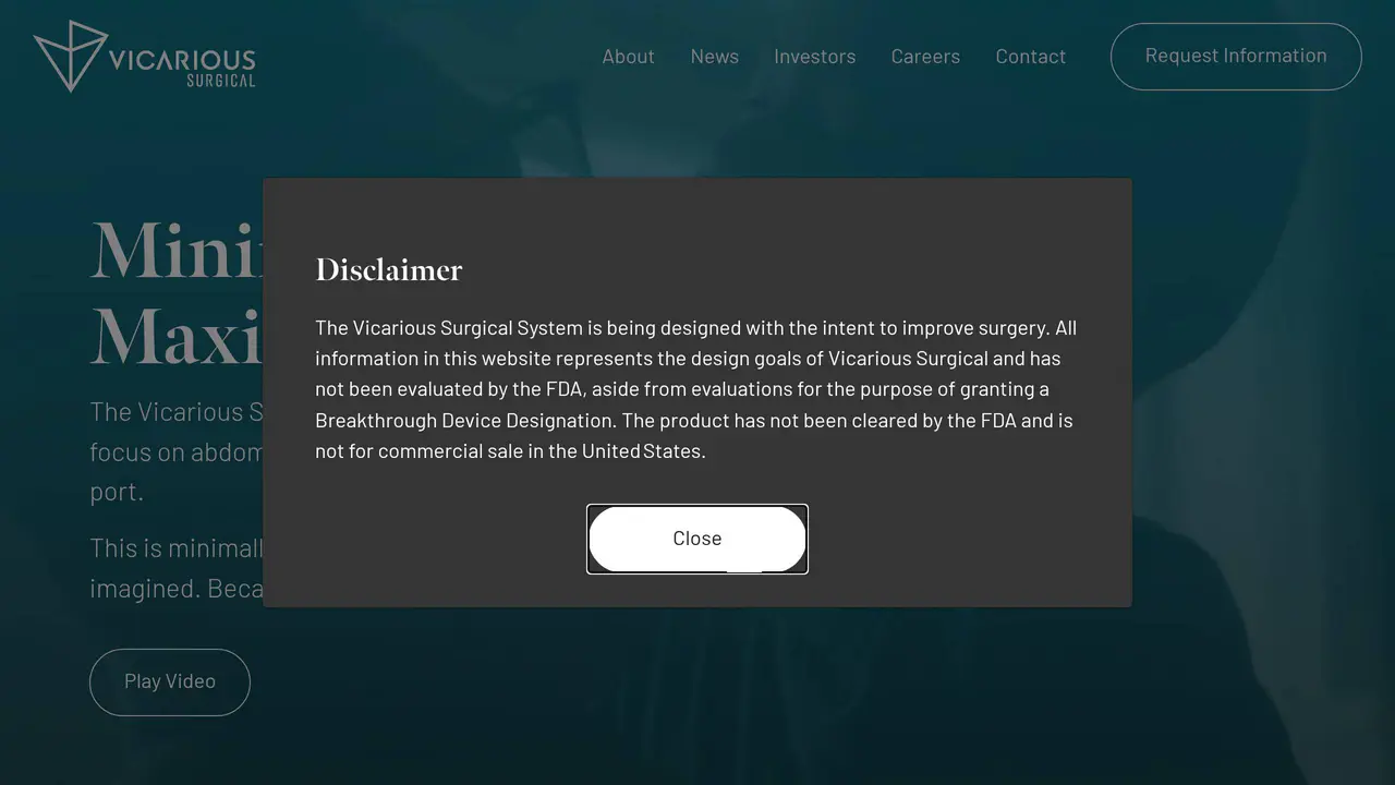 Homepage preview of Vicarious Surgical, captured Aug 1, 2026
