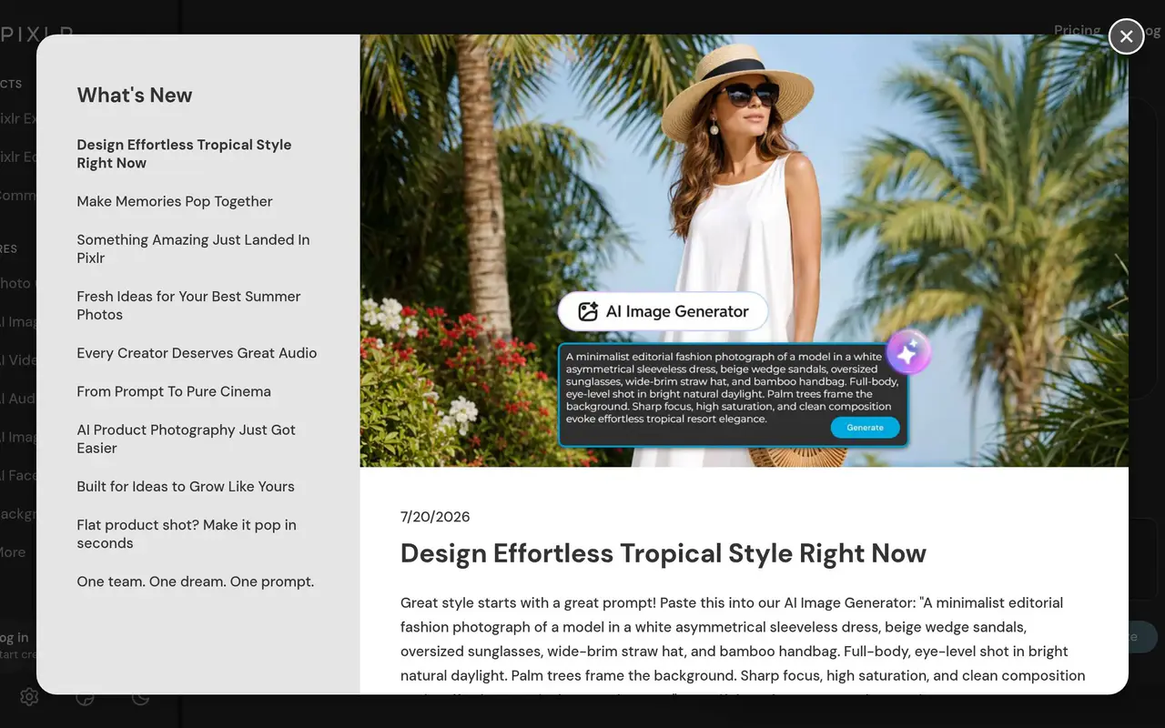 Homepage preview of Pixlr, captured Jul 22, 2026
