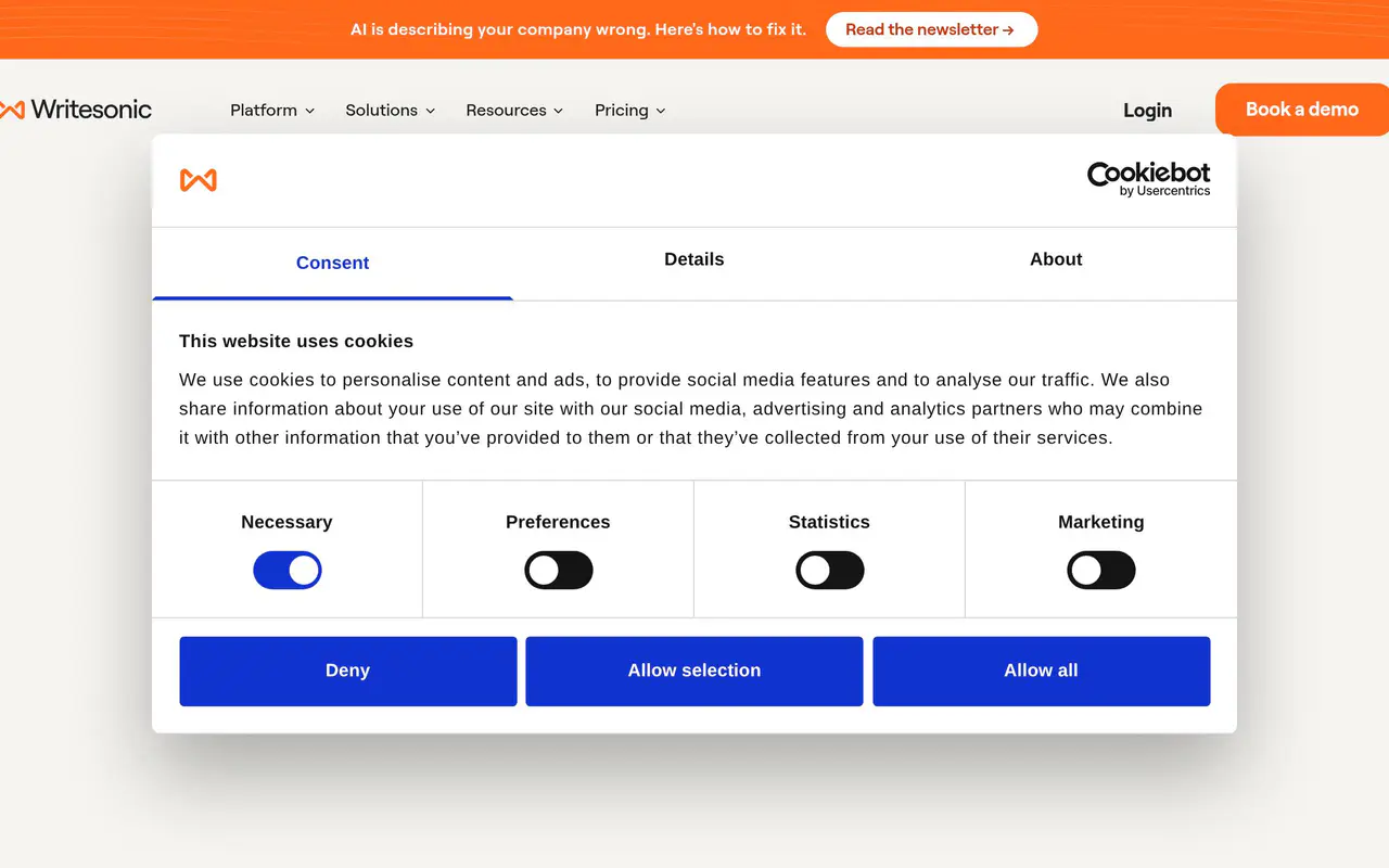 Homepage preview of Writesonic, captured Jul 22, 2026