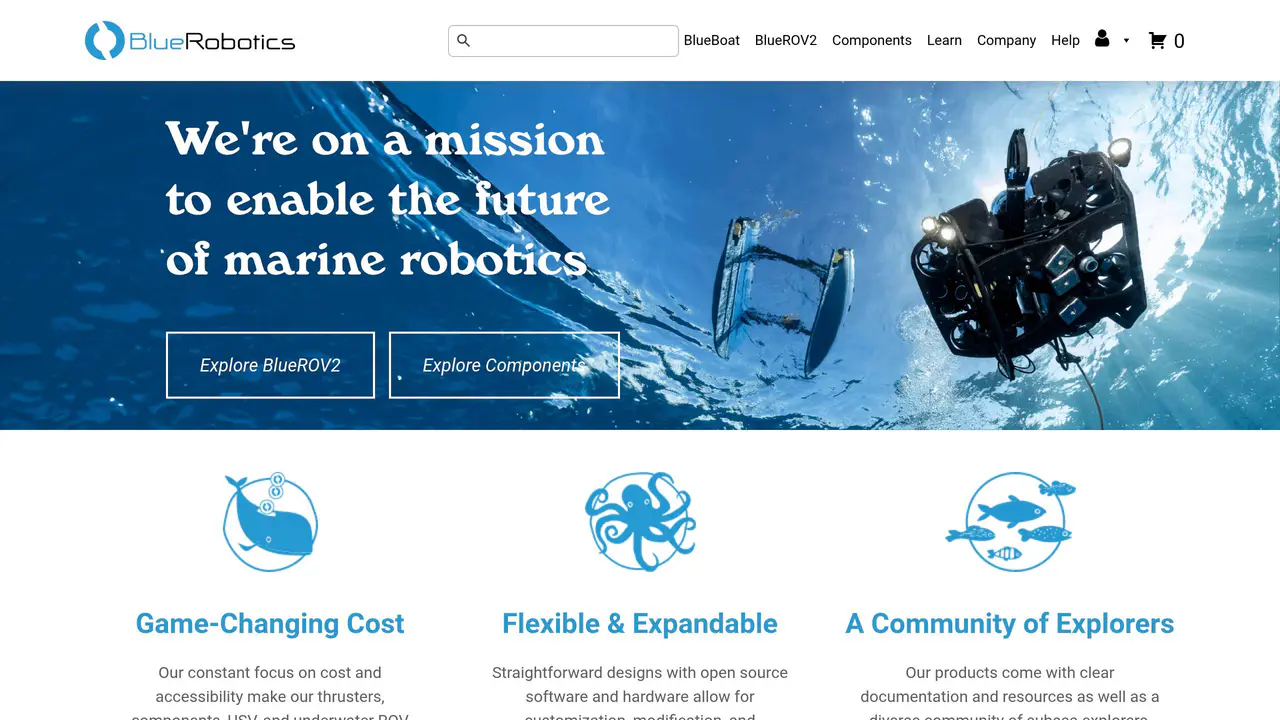 Homepage preview of BlueRobotics, captured Aug 29, 2026