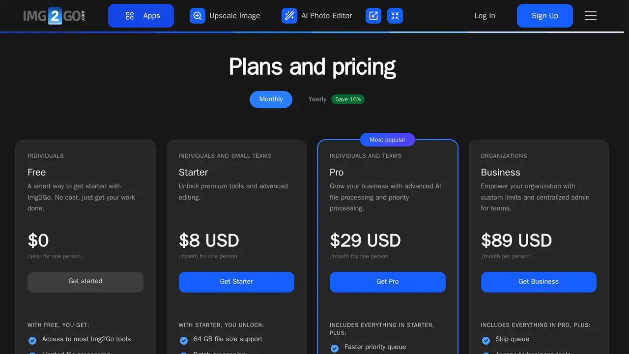 Pricing-page preview of Img2Go, captured Jul 23, 2026