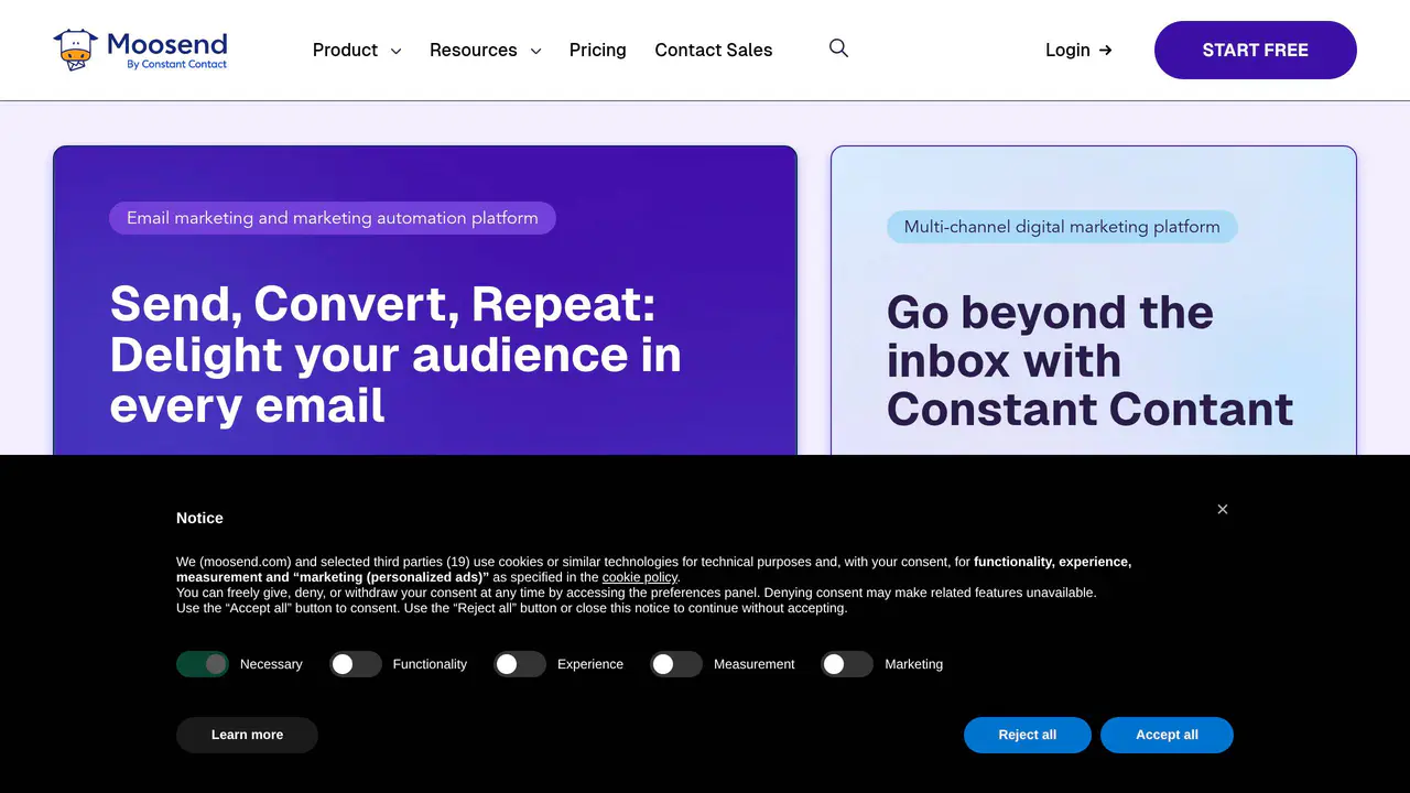Homepage preview of Moosend, captured Jul 23, 2026