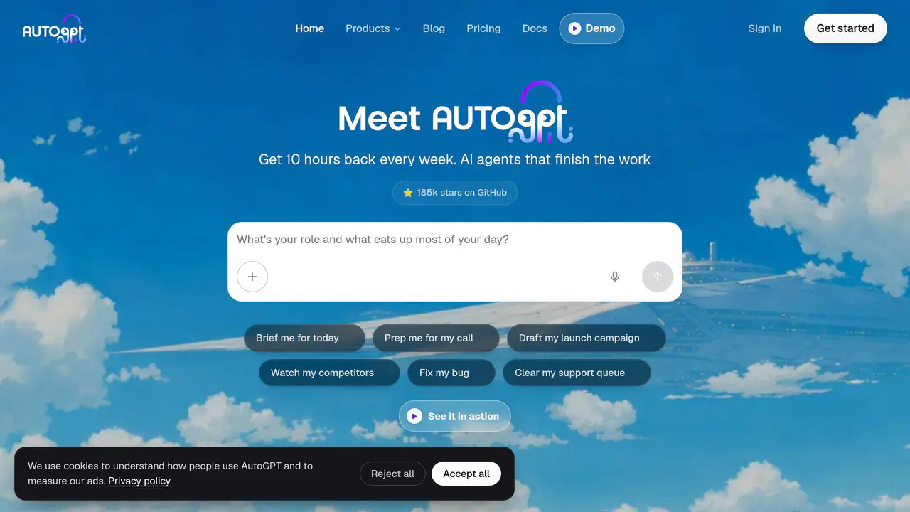 Homepage preview of AutoGPT, captured Aug 28, 2026