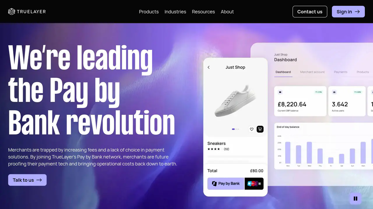 Homepage preview of TrueLayer, captured Jul 24, 2026