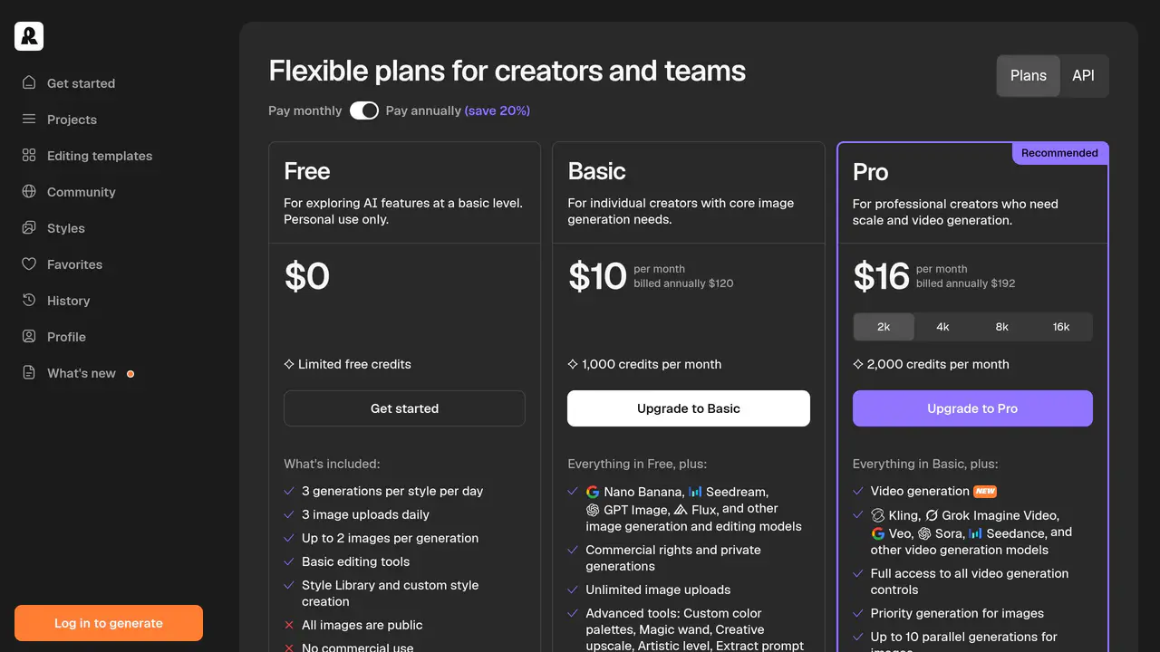 Pricing-page preview of Recraft, captured Jul 23, 2026