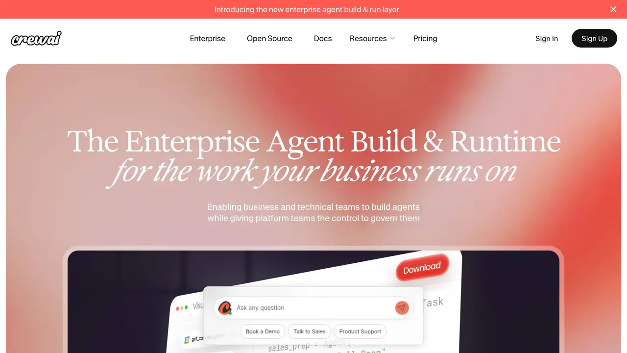 Homepage preview of CrewAI, captured Aug 29, 2026