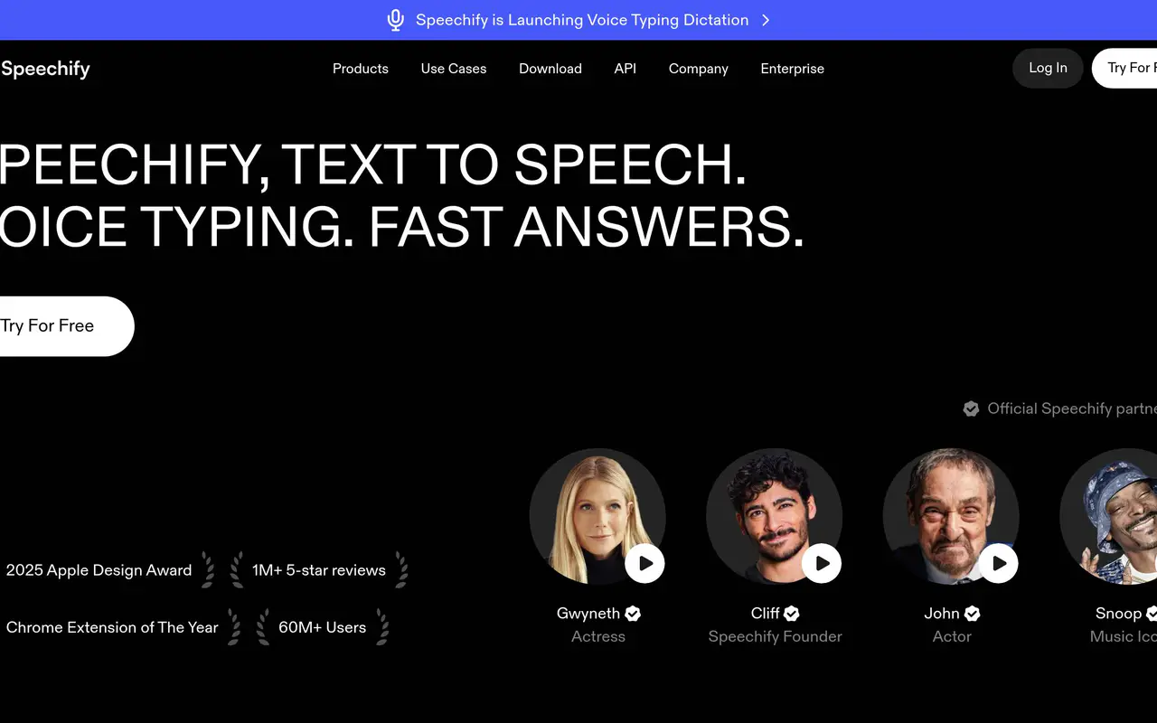 Homepage preview of Speechify, captured Jul 22, 2026