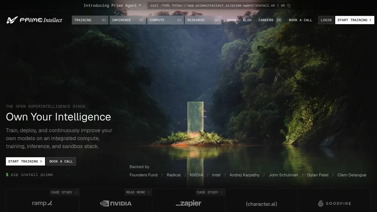 Homepage preview of Prime Intellect, captured Aug 23, 2026