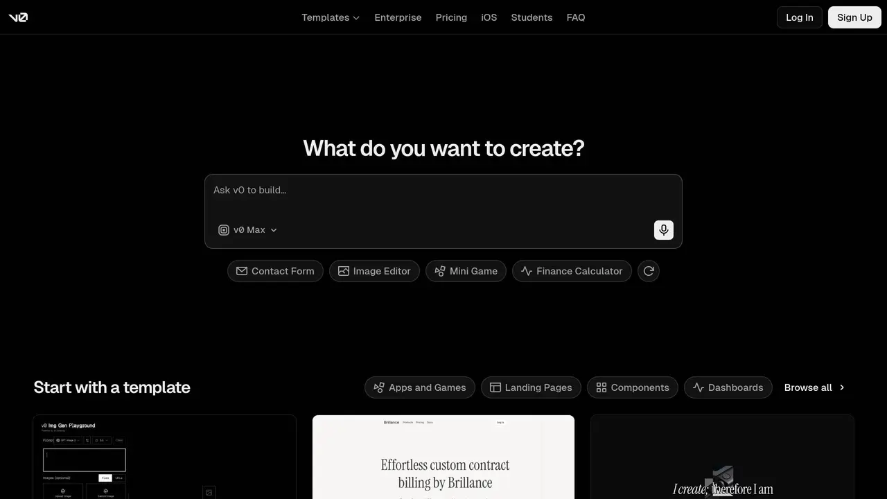 Homepage preview of v0 by Vercel, captured Jul 24, 2026