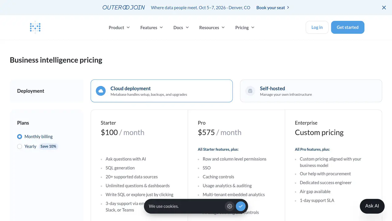 Pricing-page preview of Metabase, captured Jul 23, 2026